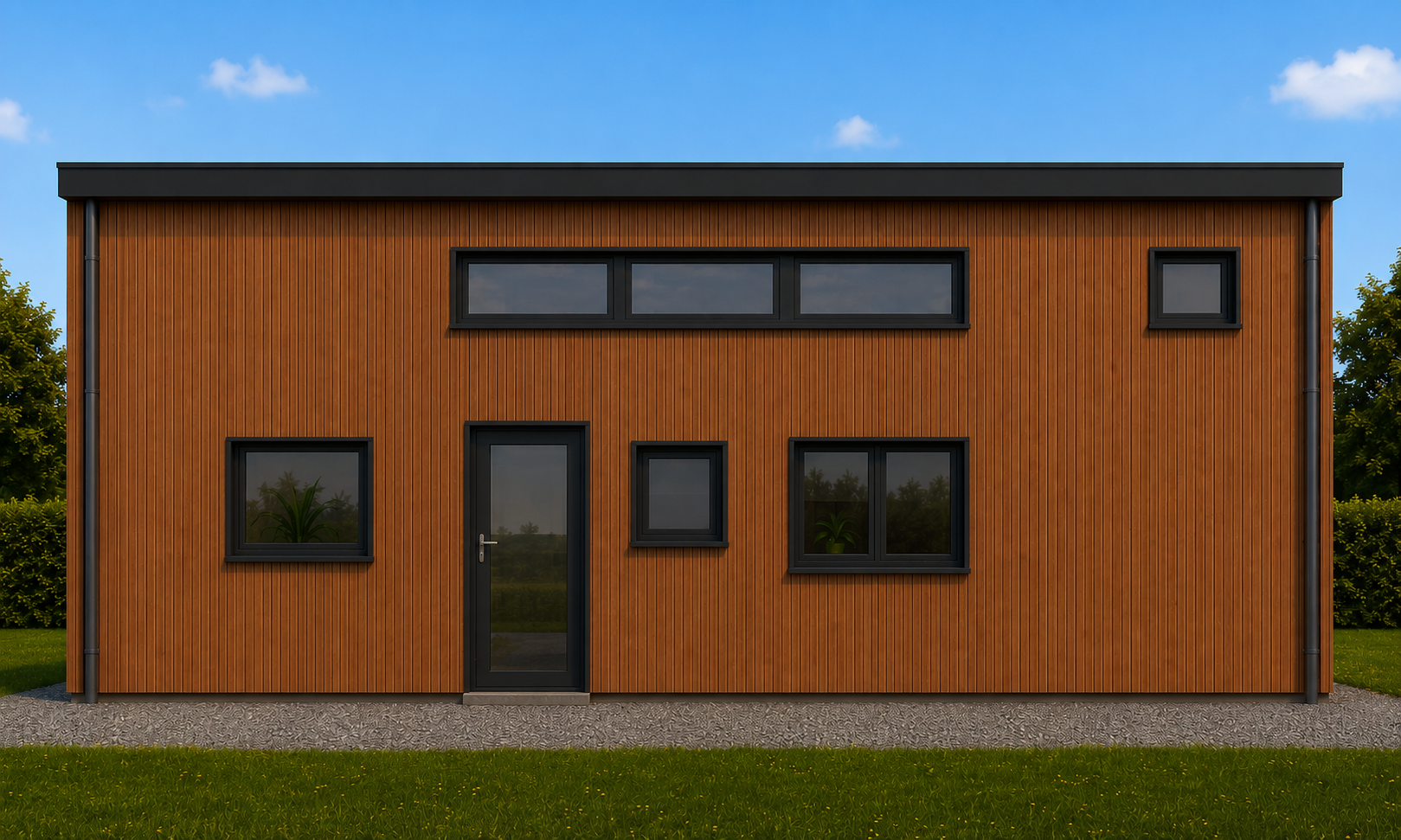 Façade bois contemporaine avec menuiseries noires